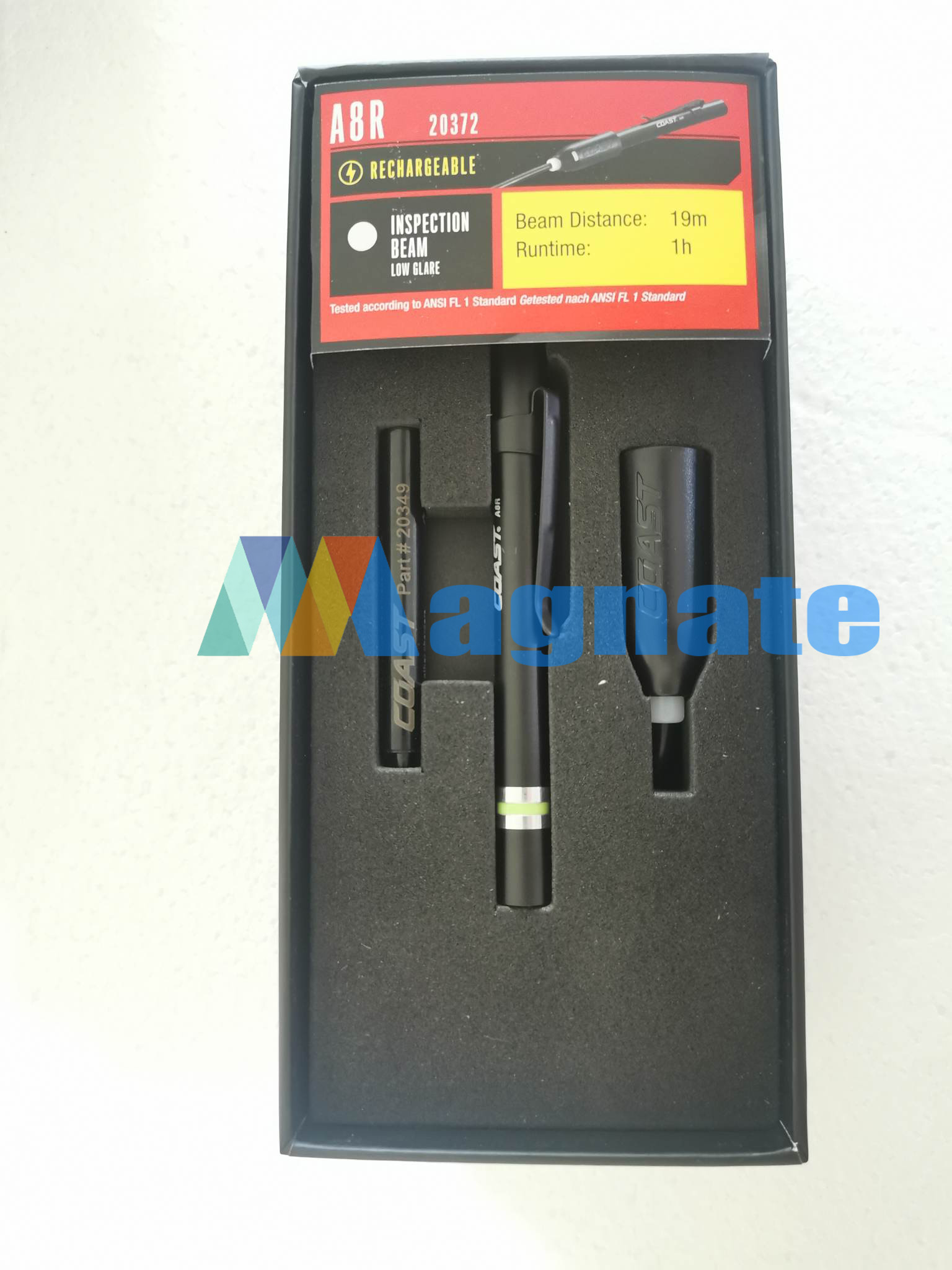 Brand : Coast Model: A8R Rechargeable Pen Torch Packaging : L: 7.5 inch W: 3.5 inch H: 2.5 inches
